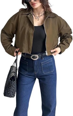 YouSexy Women's Cropped Bomber Jackets Long Sleeve Casual Zipper Up Coat Outerwear in Kuwait