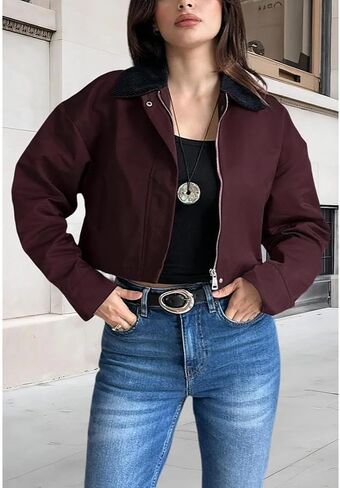 YouSexy Women's Cropped Bomber Jackets Long Sleeve Casual Zipper Up Coat Outerwear in Saudi Arabia