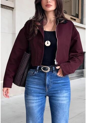YouSexy Women's Cropped Bomber Jackets Long Sleeve Casual Zipper Up Coat Outerwear in Saudi Arabia
