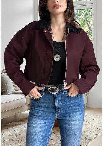 YouSexy Women's Cropped Bomber Jackets Long Sleeve Casual Zipper Up Coat Outerwear in Saudi Arabia