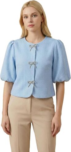 Women Textured Puff Sleeve Jacket Rhinestone Bow Cropped Blazer Work Office Cardigan in Saudi Arabia