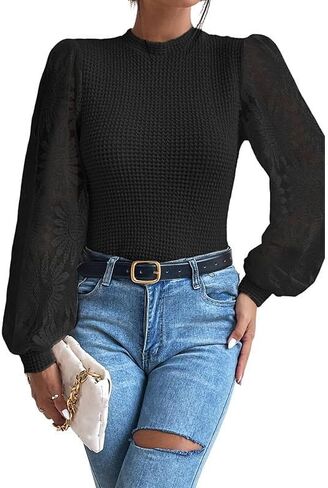 Apvirdy Womens Lace Long Sleeve Work Shirt Pullover Waffle Knit Crewneck Floral Mesh Dressy Tops Business Casual Blouses in Saudi Arabia