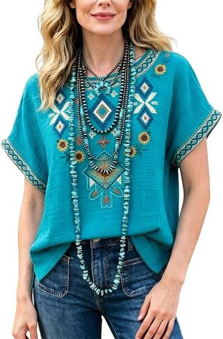Women's Retro Ethnic Embroidered Top Dolman Sleeve Cotton Casual Boho Blouse in Saudi Arabia