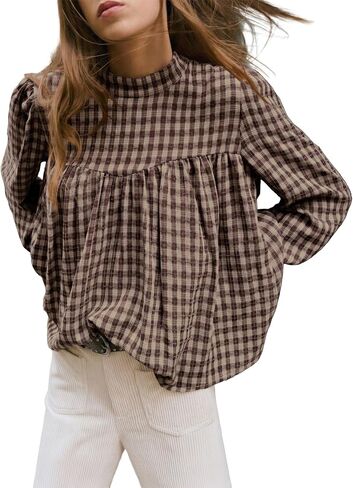 Astylish Womens Long Sleeve Gingham Tops Mock Neck Plaid Babydoll Tops 2026 Loose Flowy Blouses Shirts in Kuwait