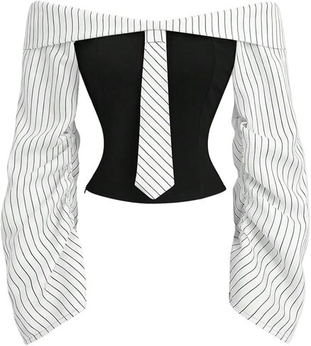 SOLY HUX Women's Off The Shoulder Top Striped Long Sleeve Shirts Bow Tie Fitted Party Blouses in Kuwait