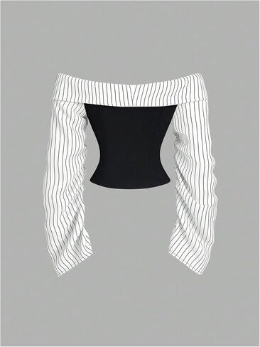 SOLY HUX Women's Off The Shoulder Top Striped Long Sleeve Shirts Bow Tie Fitted Party Blouses in Kuwait