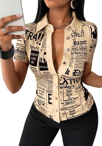 Womens Lapel Tunic Tops Lightweight Soft Tops Short Sleeve Newspaper Print Button Up Shirts Blouse in Saudi Arabia