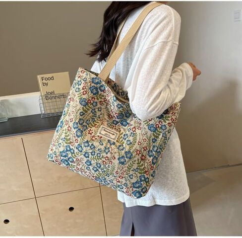 Large Capacity Vintage Eco-Friendly Floral Canvas Tote Bag - Bohemian Style, Casual Shopping Tote for Daily/Work/School in Kuwait