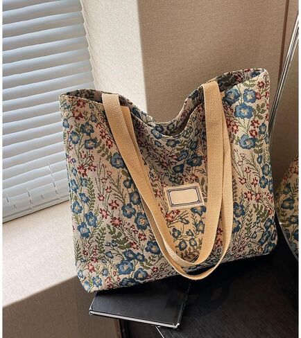 Large Capacity Vintage Eco-Friendly Floral Canvas Tote Bag - Bohemian Style, Casual Shopping Tote for Daily/Work/School in Kuwait