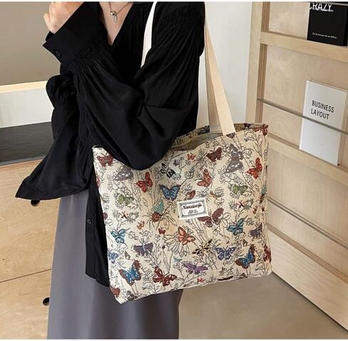 Large Capacity Vintage Eco-Friendly Floral Canvas Tote Bag - Bohemian Style, Casual Shopping Tote for Daily/Work/School in Kuwait