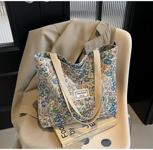 Large Capacity Vintage Eco-Friendly Floral Canvas Tote Bag - Bohemian Style, Casual Shopping Tote for Daily/Work/School in Kuwait