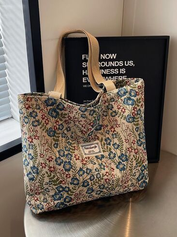 Large Capacity Vintage Eco-Friendly Floral Canvas Tote Bag - Bohemian Style, Casual Shopping Tote for Daily/Work/School in Kuwait