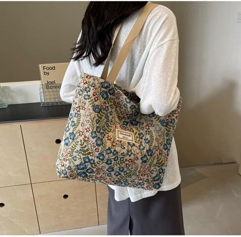 Large Capacity Vintage Eco-Friendly Floral Canvas Tote Bag - Bohemian Style, Casual Shopping Tote for Daily/Work/School in Kuwait