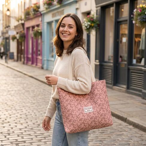 Large Capacity Vintage Eco-Friendly Floral Canvas Tote Bag - Bohemian Style, Casual Shopping Tote for Daily/Work/School in Kuwait