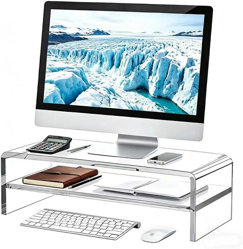 Acrylic Monitor Stand, 2 Tier Computer Monitor Stand Riser，16/20 inch Acrylic Computer Monitor Stand Riser for iMac, PC, Desktop, Laptop, TV Screen with Extra Storage Space Home Office (20in) in Saudi Arabia