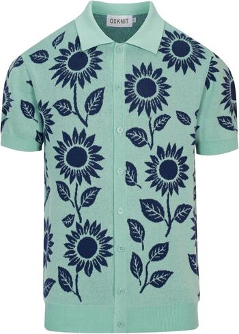 OXKNIT Men's Knit Short Sleeve Shirt Button Down Vintage Blue Sunflower Pattern Knitted Green Cotton Polo Shirt Knitwear in Kuwait