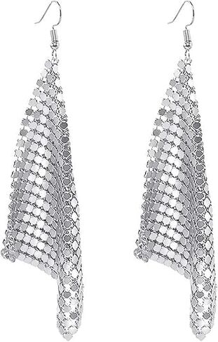 Christmas Trendy Women Earrings Metal Mesh Grid Sequins Tassel Long Drop Dangle Earrings for women (silver) in Saudi Arabia