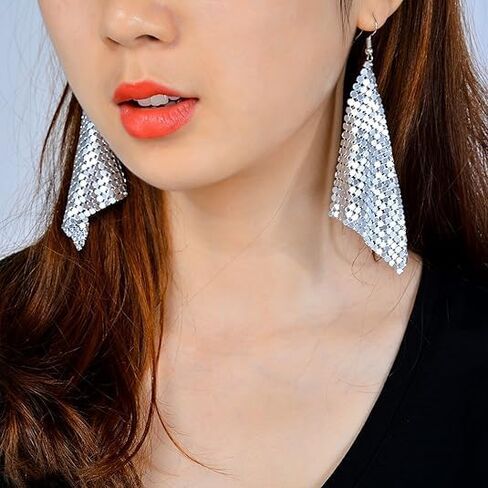 Christmas Trendy Women Earrings Metal Mesh Grid Sequins Tassel Long Drop Dangle Earrings for women (silver) in Saudi Arabia