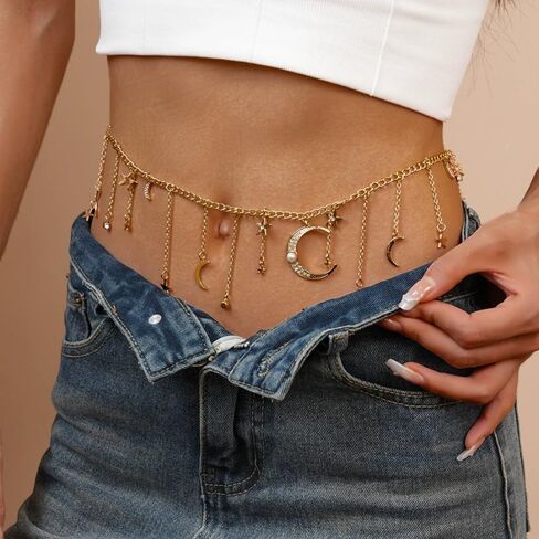 Boho Moon Star Waist Chain for Women Rhinestone Crystal Fringe Belly Chains Adjustable Behemian Celestial Bikini Body Jewelry for Summer Holiday Beach Party 48 inch in Kuwait