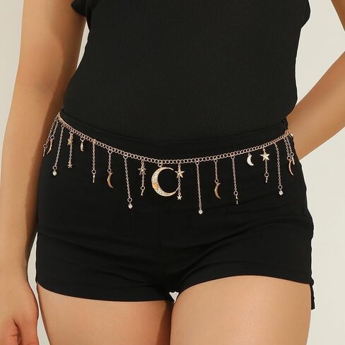 Boho Moon Star Waist Chain for Women Rhinestone Crystal Fringe Belly Chains Adjustable Behemian Celestial Bikini Body Jewelry for Summer Holiday Beach Party 48 inch in Kuwait
