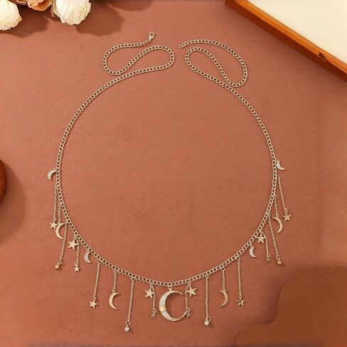 Boho Moon Star Waist Chain for Women Rhinestone Crystal Fringe Belly Chains Adjustable Behemian Celestial Bikini Body Jewelry for Summer Holiday Beach Party 48 inch in Kuwait