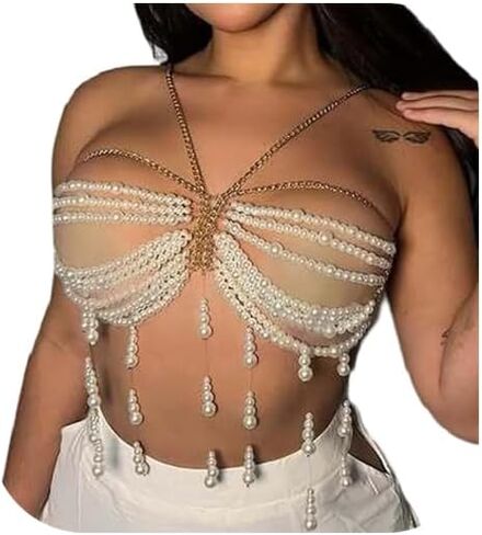 Summer Beach Gold Pearl Bra Body Chain Jewelry Multi-layered Beaded Bralette Chain Festival Rave Pearl Harness Chest Chain Jewelry for Women in Kuwait