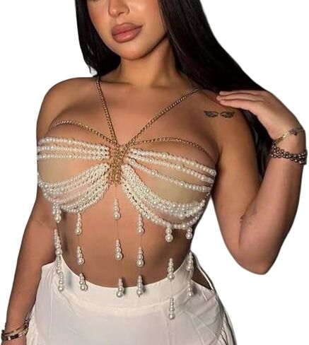 Summer Beach Gold Pearl Bra Body Chain Jewelry Multi-layered Beaded Bralette Chain Festival Rave Pearl Harness Chest Chain Jewelry for Women in Kuwait