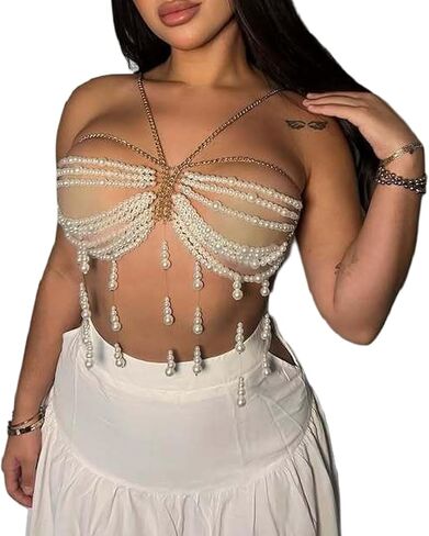 Summer Beach Gold Pearl Bra Body Chain Jewelry Multi-layered Beaded Bralette Chain Festival Rave Pearl Harness Chest Chain Jewelry for Women in Kuwait