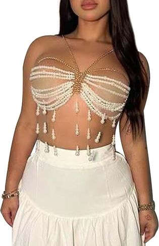 Summer Beach Gold Pearl Bra Body Chain Jewelry Multi-layered Beaded Bralette Chain Festival Rave Pearl Harness Chest Chain Jewelry for Women in Kuwait