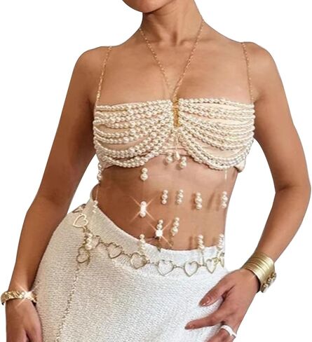 Summer Beach Gold Pearl Bra Body Chain Jewelry Multi-layered Beaded Bralette Chain Festival Rave Pearl Harness Chest Chain Jewelry for Women in Kuwait