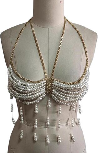 Summer Beach Gold Pearl Bra Body Chain Jewelry Multi-layered Beaded Bralette Chain Festival Rave Pearl Harness Chest Chain Jewelry for Women in Kuwait