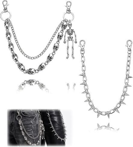 2 Pack Punk Pants Chains for Men Women - Double Skull & Single Rivet Biker Chains, Adjustable Wallet Chain for Jeans, Goth Belt Accessories in Saudi Arabia