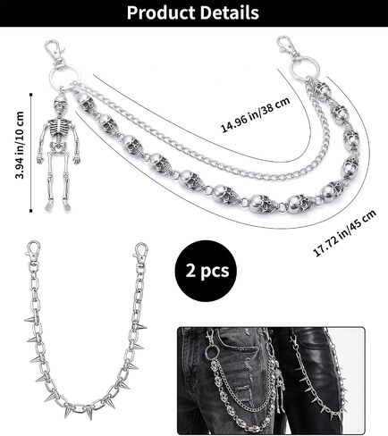 2 Pack Punk Pants Chains for Men Women - Double Skull & Single Rivet Biker Chains, Adjustable Wallet Chain for Jeans, Goth Belt Accessories in Saudi Arabia