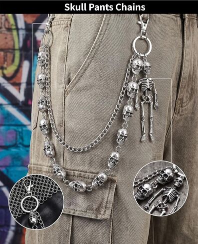 2 Pack Punk Pants Chains for Men Women - Double Skull & Single Rivet Biker Chains, Adjustable Wallet Chain for Jeans, Goth Belt Accessories in Saudi Arabia