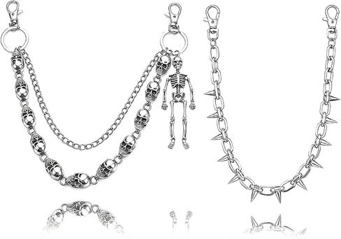 2 Pack Punk Pants Chains for Men Women - Double Skull & Single Rivet Biker Chains, Adjustable Wallet Chain for Jeans, Goth Belt Accessories in Saudi Arabia