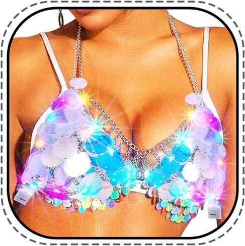 Keavb Light Up Bra Top Silver LED Iridescent Sequin Body Chain Rave Outfit Chest Chain for Women in Saudi Arabia