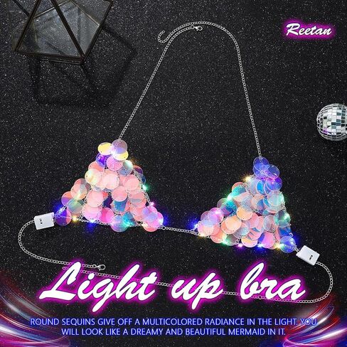 Keavb Light Up Bra Top Silver LED Iridescent Sequin Body Chain Rave Outfit Chest Chain for Women in Saudi Arabia