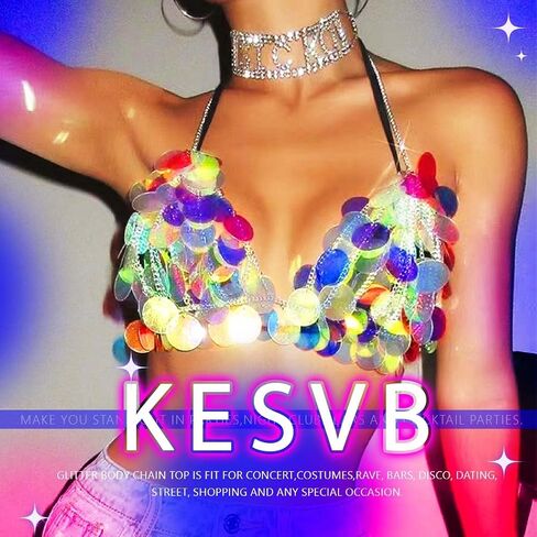 Keavb Light Up Bra Top Silver LED Iridescent Sequin Body Chain Rave Outfit Chest Chain for Women in Saudi Arabia