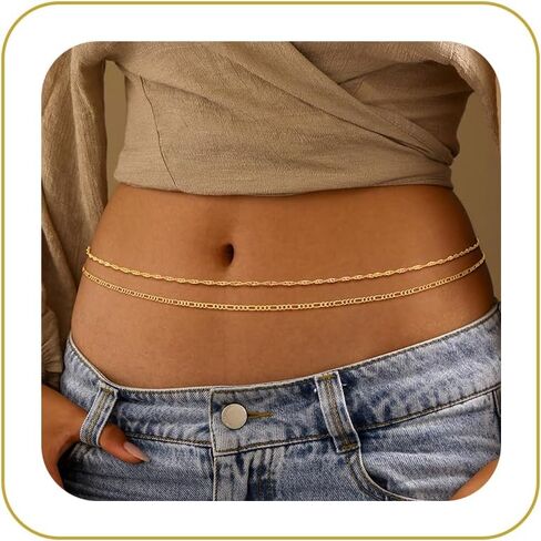 Tewiky Waist Chain for Women, 14K Gold/Silver Plated Layered Belly Belt Chains Beach Waist Beads Chain Waterproof Twist Figaro Cuban Body Chain Summer Jewelry for Women Gifts in Saudi Arabia