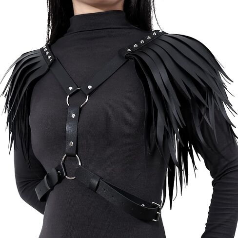 PURFUN Women Punk PU Leather Tassel Shoulder Harness Belt Gothic Black Fringed Body Harness Belt Adjustable Sexy Nightclub Rave Roleplay Cosplay Halloween Costume Chest Chain Body Chain Jewelry in Saudi Arabia