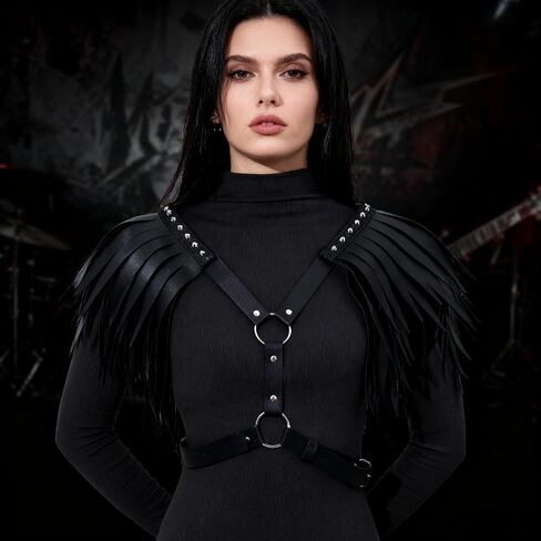 PURFUN Women Punk PU Leather Tassel Shoulder Harness Belt Gothic Black Fringed Body Harness Belt Adjustable Sexy Nightclub Rave Roleplay Cosplay Halloween Costume Chest Chain Body Chain Jewelry in Saudi Arabia