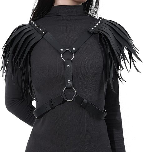 PURFUN Women Punk PU Leather Tassel Shoulder Harness Belt Gothic Black Fringed Body Harness Belt Adjustable Sexy Nightclub Rave Roleplay Cosplay Halloween Costume Chest Chain Body Chain Jewelry in Saudi Arabia