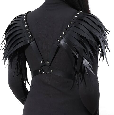 PURFUN Women Punk PU Leather Tassel Shoulder Harness Belt Gothic Black Fringed Body Harness Belt Adjustable Sexy Nightclub Rave Roleplay Cosplay Halloween Costume Chest Chain Body Chain Jewelry in Saudi Arabia