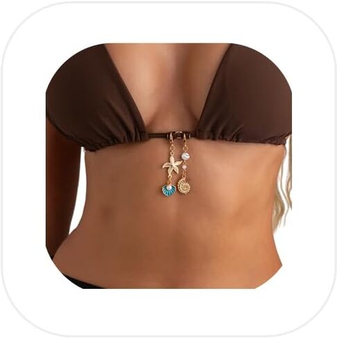2Pcs Gold Starfish Bikini Chest Chain Charms for Women, Beach Swimsuit Charms with Pearl Shell Pendant, Summer Bikini Seashell Decoration Accessories for Swimwear in Saudi Arabia