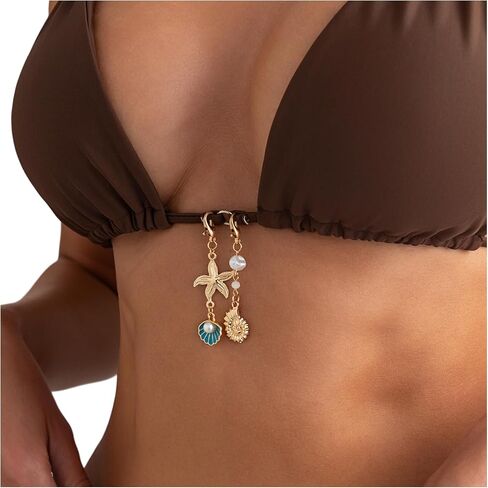 2Pcs Gold Starfish Bikini Chest Chain Charms for Women, Beach Swimsuit Charms with Pearl Shell Pendant, Summer Bikini Seashell Decoration Accessories for Swimwear in Saudi Arabia