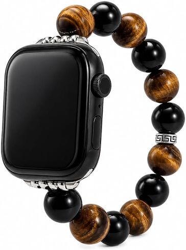 سوار ساعة مطرز بعين النمر للرجال، متوافق مع Apple Watch Ultra 2/1 Series 9/8/SE (49 مم 45 مم 44 مم 42 مم) بأقراص كبيرة، حزام على شكل سوار من الخرز الحجري المتين، هدية للرجال. in Kuwait