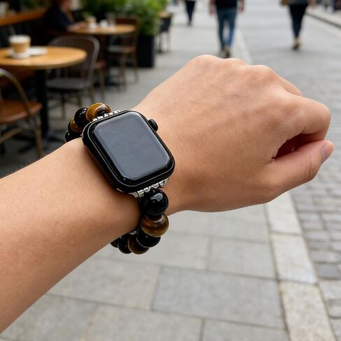 سوار ساعة مطرز بعين النمر للرجال، متوافق مع Apple Watch Ultra 2/1 Series 9/8/SE (49 مم 45 مم 44 مم 42 مم) بأقراص كبيرة، حزام على شكل سوار من الخرز الحجري المتين، هدية للرجال. in Kuwait