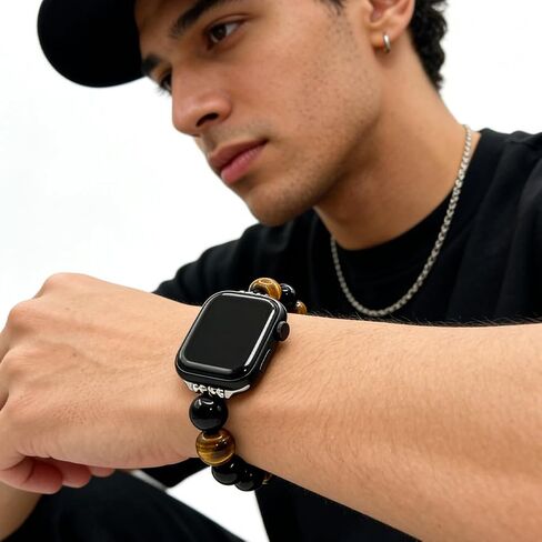سوار ساعة مطرز بعين النمر للرجال، متوافق مع Apple Watch Ultra 2/1 Series 9/8/SE (49 مم 45 مم 44 مم 42 مم) بأقراص كبيرة، حزام على شكل سوار من الخرز الحجري المتين، هدية للرجال. in Kuwait