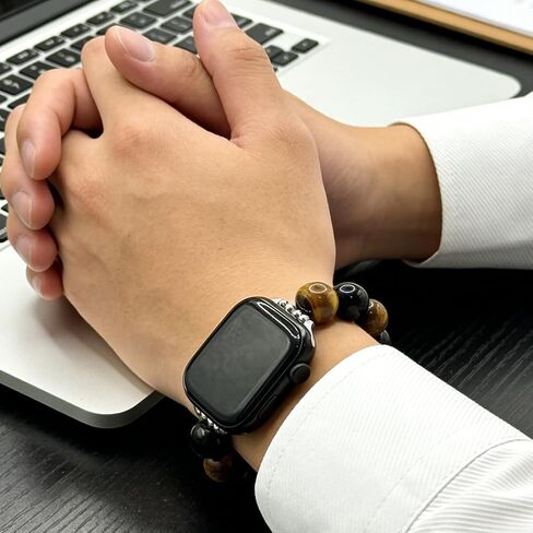 سوار ساعة مطرز بعين النمر للرجال، متوافق مع Apple Watch Ultra 2/1 Series 9/8/SE (49 مم 45 مم 44 مم 42 مم) بأقراص كبيرة، حزام على شكل سوار من الخرز الحجري المتين، هدية للرجال. in Kuwait