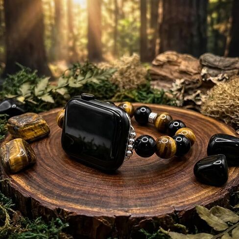 سوار ساعة مطرز بعين النمر للرجال، متوافق مع Apple Watch Ultra 2/1 Series 9/8/SE (49 مم 45 مم 44 مم 42 مم) بأقراص كبيرة، حزام على شكل سوار من الخرز الحجري المتين، هدية للرجال. in Kuwait